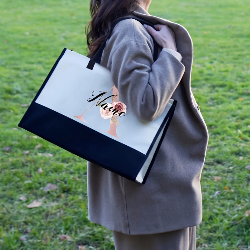 Personalized Polyester Tote Bag with Custom Initial and Floral Design for Bachelorette Party