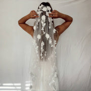 Glamorous Wedding Veil with Handmade Flowers and Pearls 100cm Bridal Accessory