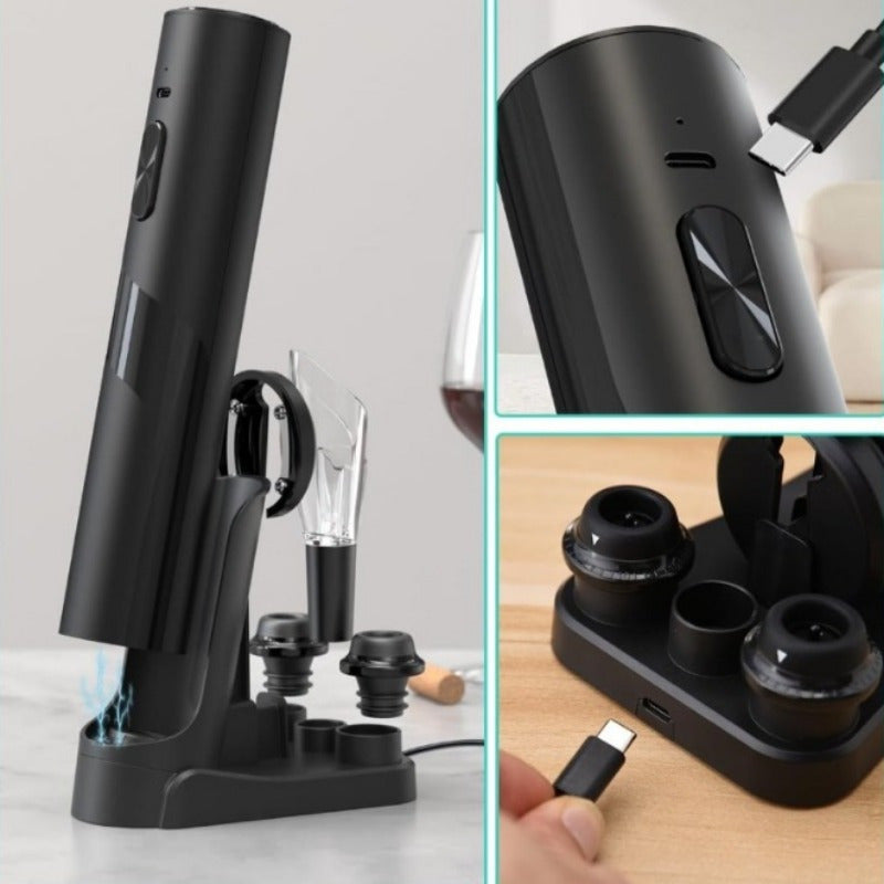 Electric wine opener set with rechargeable corkscrew, charging base, foil cutter, pourer, and stopper for parties and events