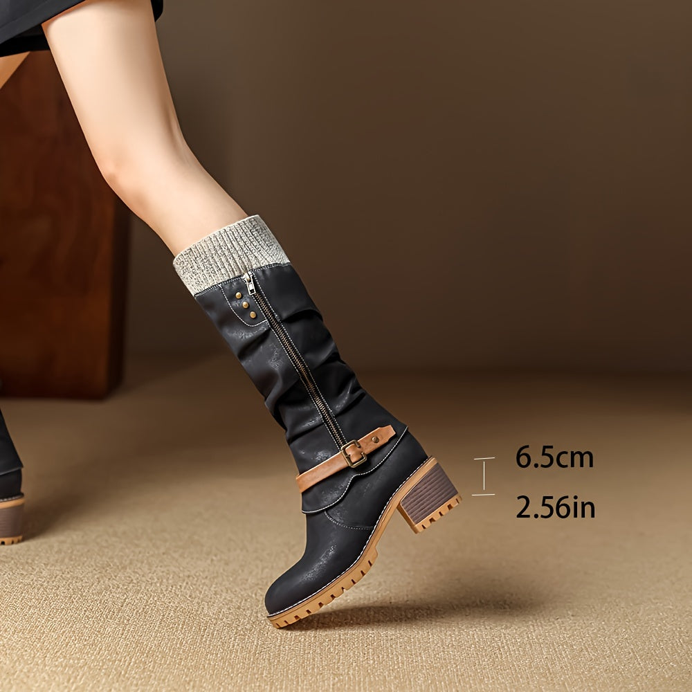 Women's Mid-Calf Faux Leather Motorcycle Boots with Zipper and High Heel