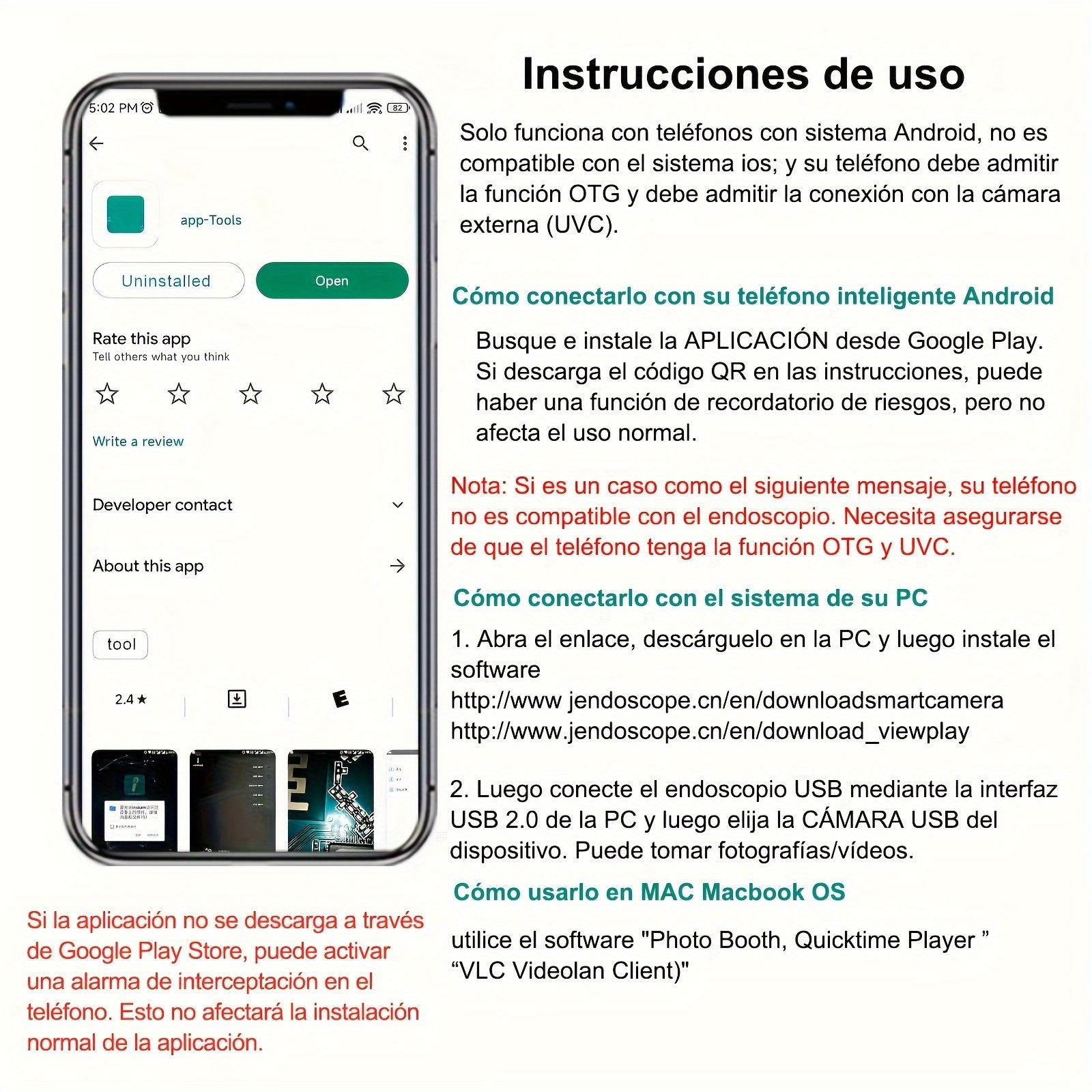 Cámara endoscópica de cable suave ajustable de 1m/2m para Android Tipo-C USB Inspección de coches 640x480P