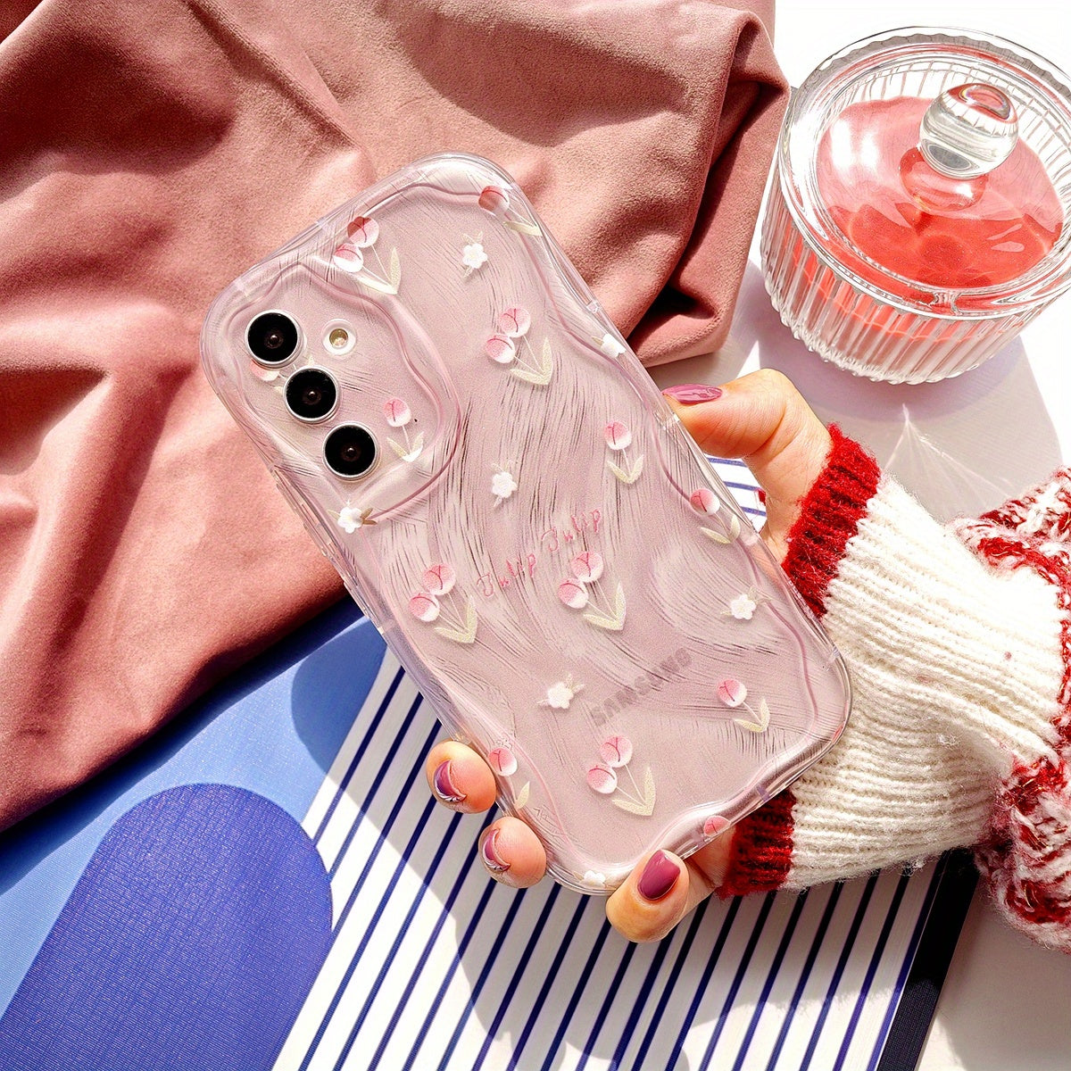 Pink Feather Yarn Phone Case with Small Flower Tulip Pattern for Samsung, Infinix, Oppo, Vivo