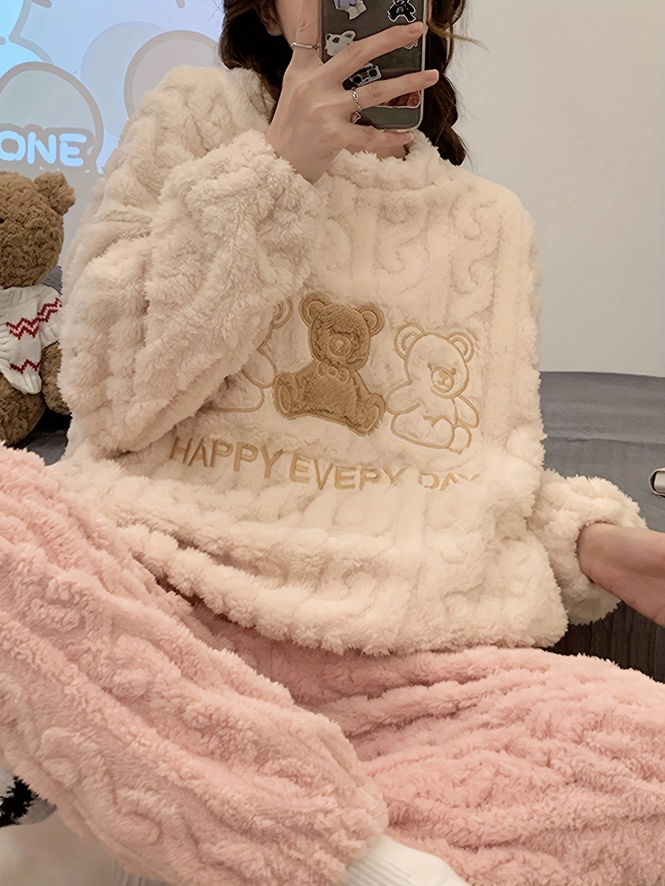 Women's Bear Print Fuzzy Pajama Set with Long Sleeve Top and Pants for Sleepwear and Loungewear