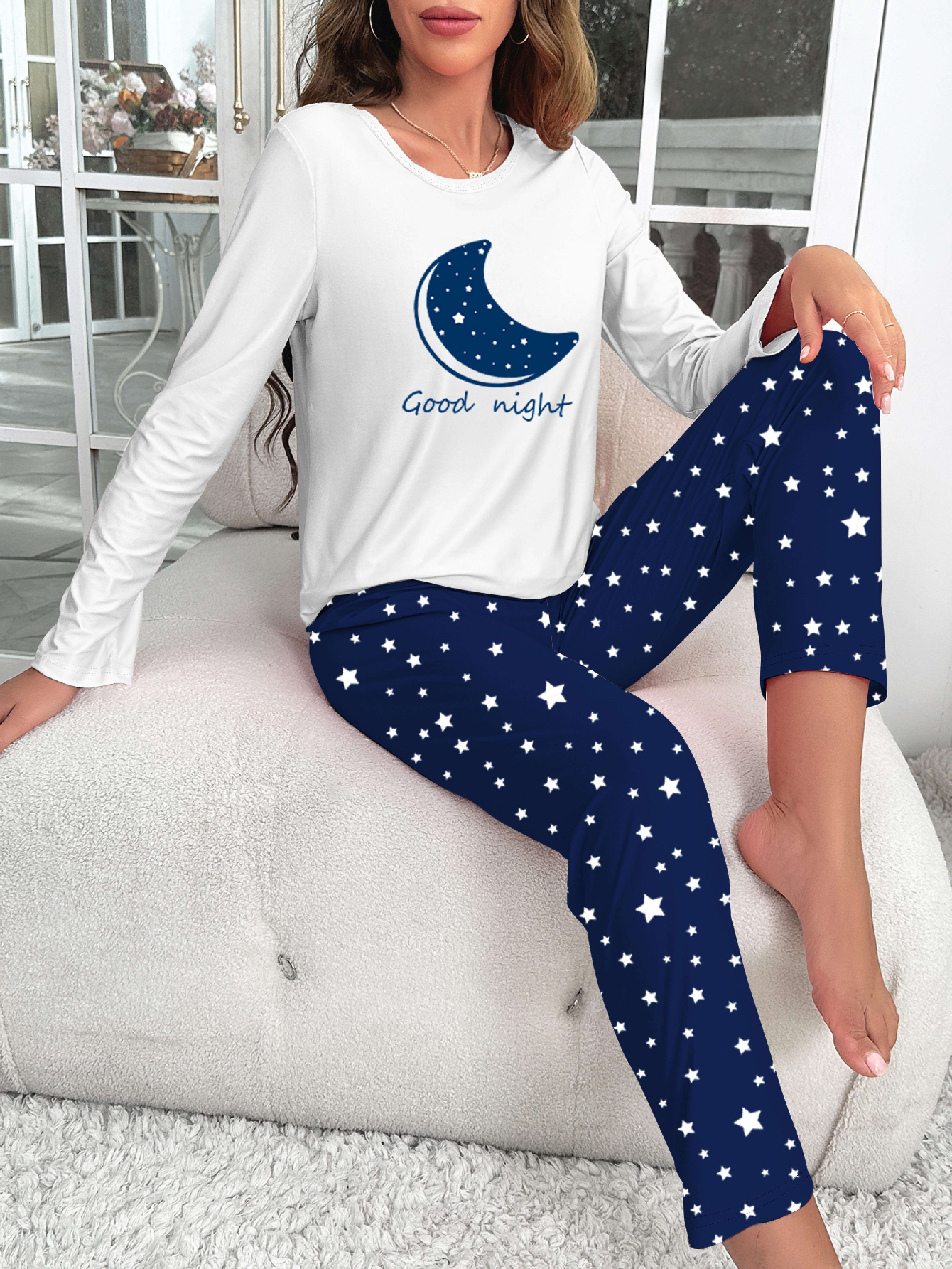 Women's Starry Print Pajama Set Long Sleeve Crew Neck Top Elastic Waist Pants Sleepwear Loungewear