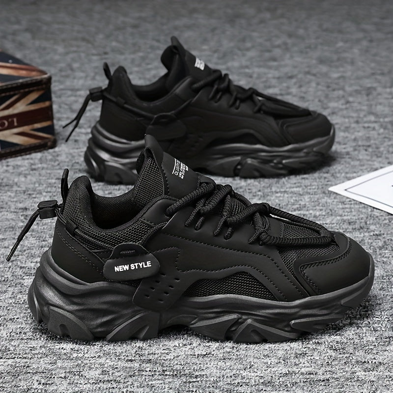 Men's Solid Color Chunky Sneakers Low Top Non-Slip Lace-Up Thick Sole Casual Running Hiking Shoes