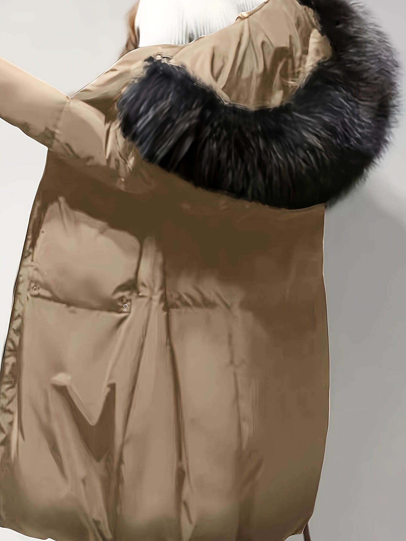 Winter Long Coat with Hood Faux Fur Trim Solid Color Polyester Casual Warm Outerwear