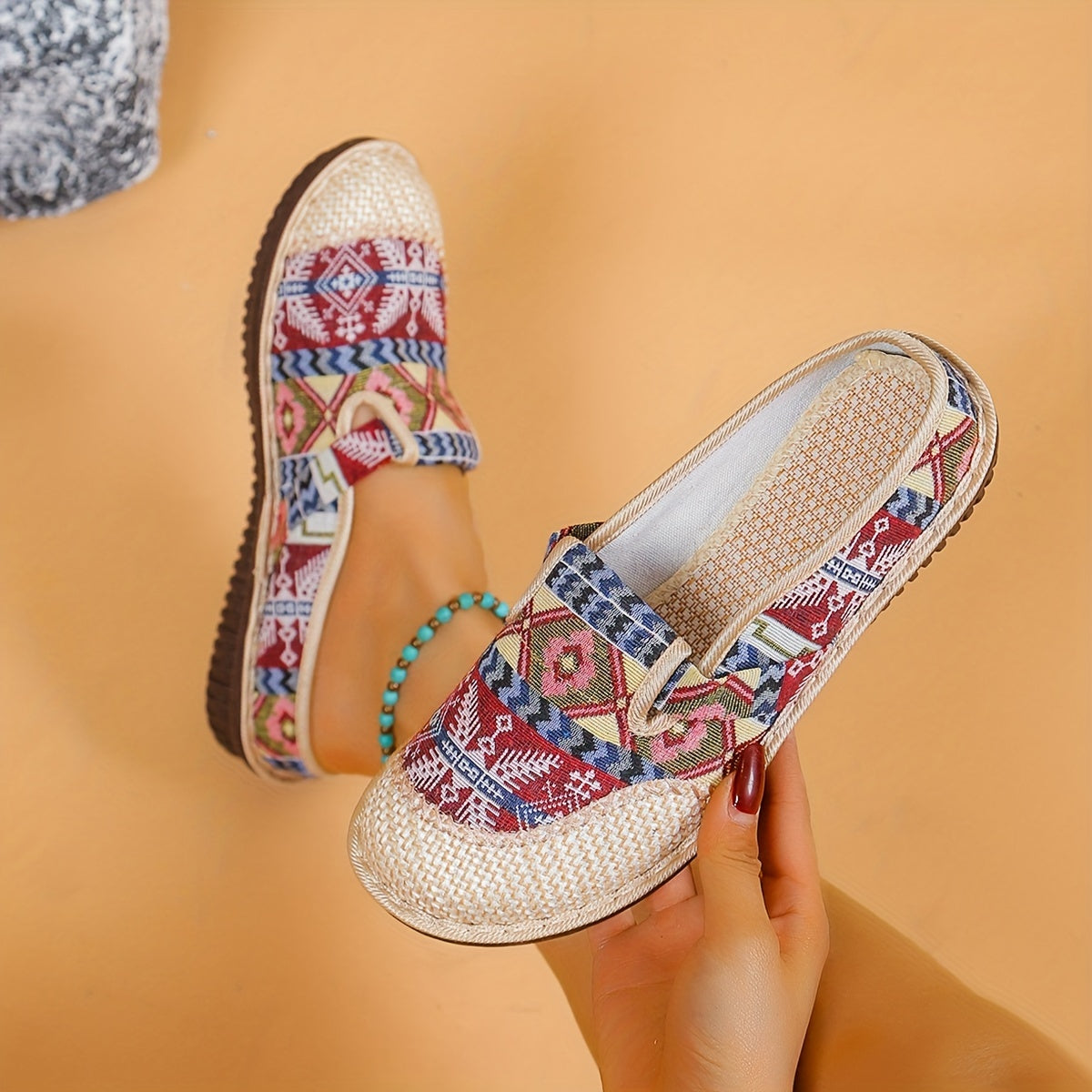 Women's Geometric Linen Mules with Round Toe Non-slip Flat Shoes