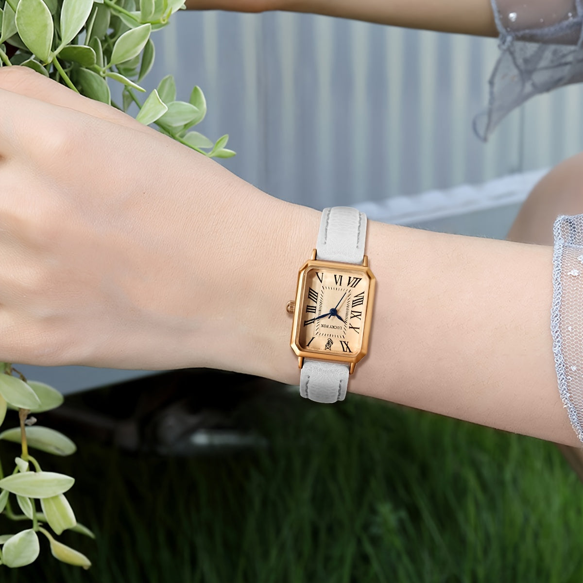 Women's Square Roman Numeral Watch Leather Band Vintage Style Quartz Watch