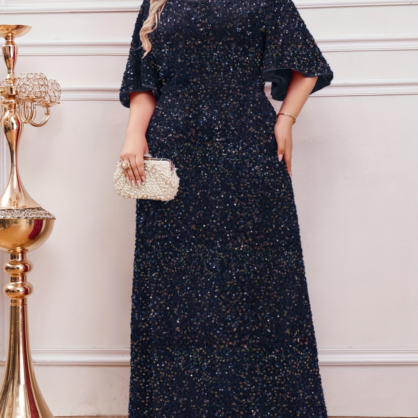 Plus Size Sequin Maxi Dress with Ruffle Sleeves for Weddings and Formal Events