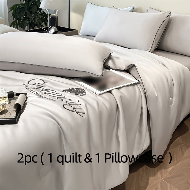 Summer Cooling Quilt Set with Embroidered Microfiber Pillowcases and Quilt