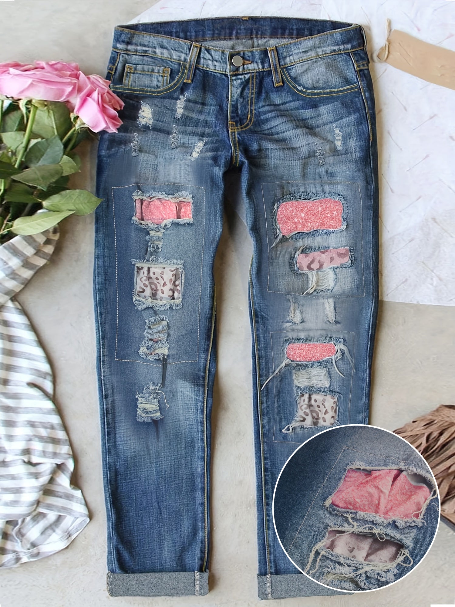 Pantalones vaqueros de mezclilla para mujer talla plus con rotos y parcheados, ropa callejera casual