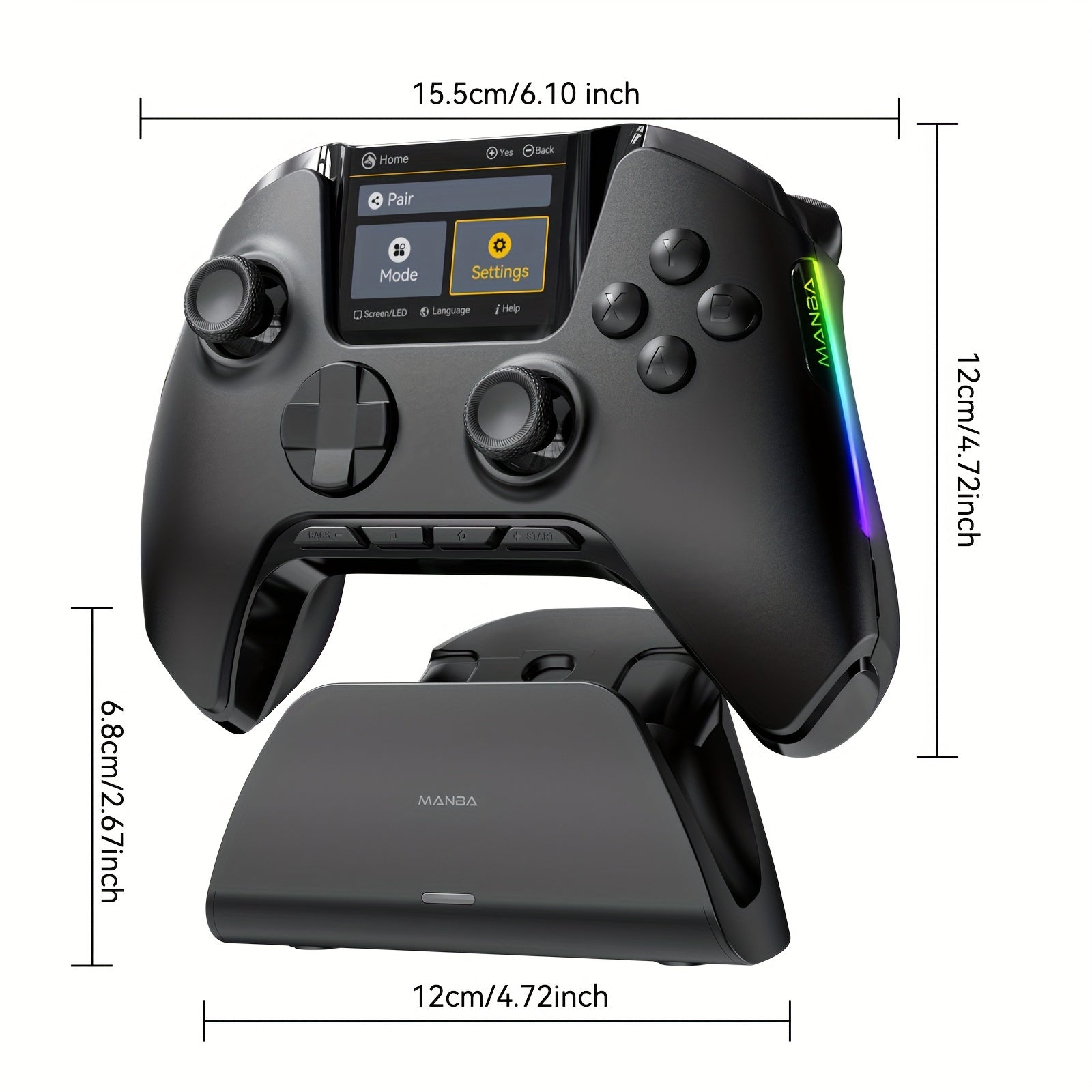 Wireless Gaming Controller with RGB Lighting No-Drift Hall Effect Triggers Remappable Buttons 1800mAh Battery Charging Dock Compatible with PC Switch iOS Android Steam