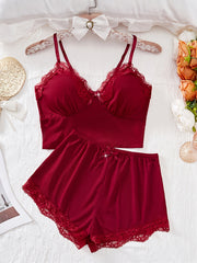 Ayollar uchun V-yuqori va kamonli shortiklar bilan 2-qismli dantel birlashtirilgan pijama to'plami