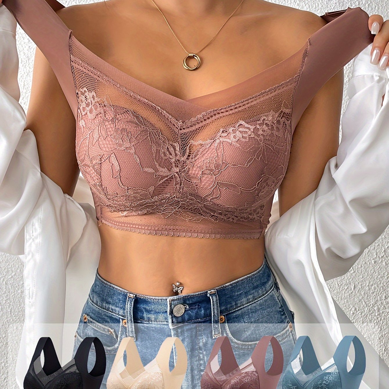 Women's Lace Contrast Underwear and Bra Set No Steel Ring Daily Lingerie