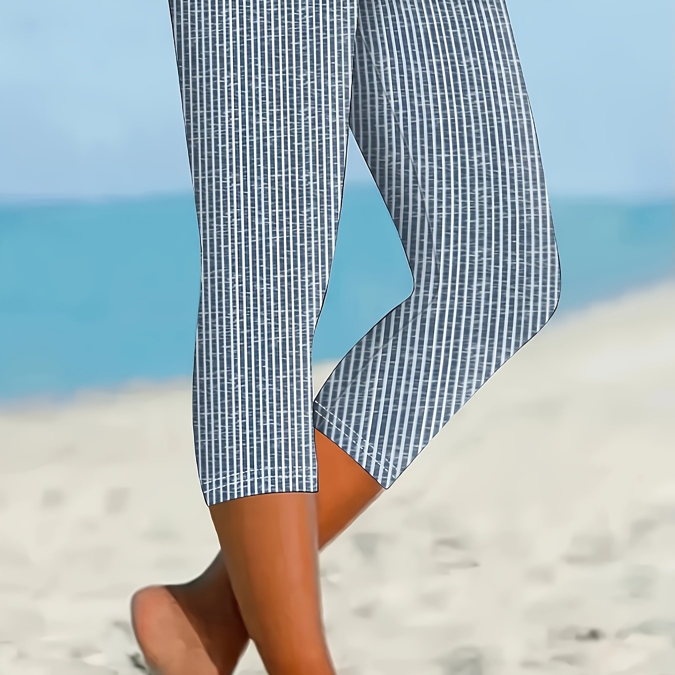 Women's Plus Size Striped Stretch Capri Pants Blue White Casual Beachwear