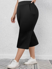 Pantalones de talla grande para mujer, elásticos, de longitud media, lisos, negros, casuales y semi-formales