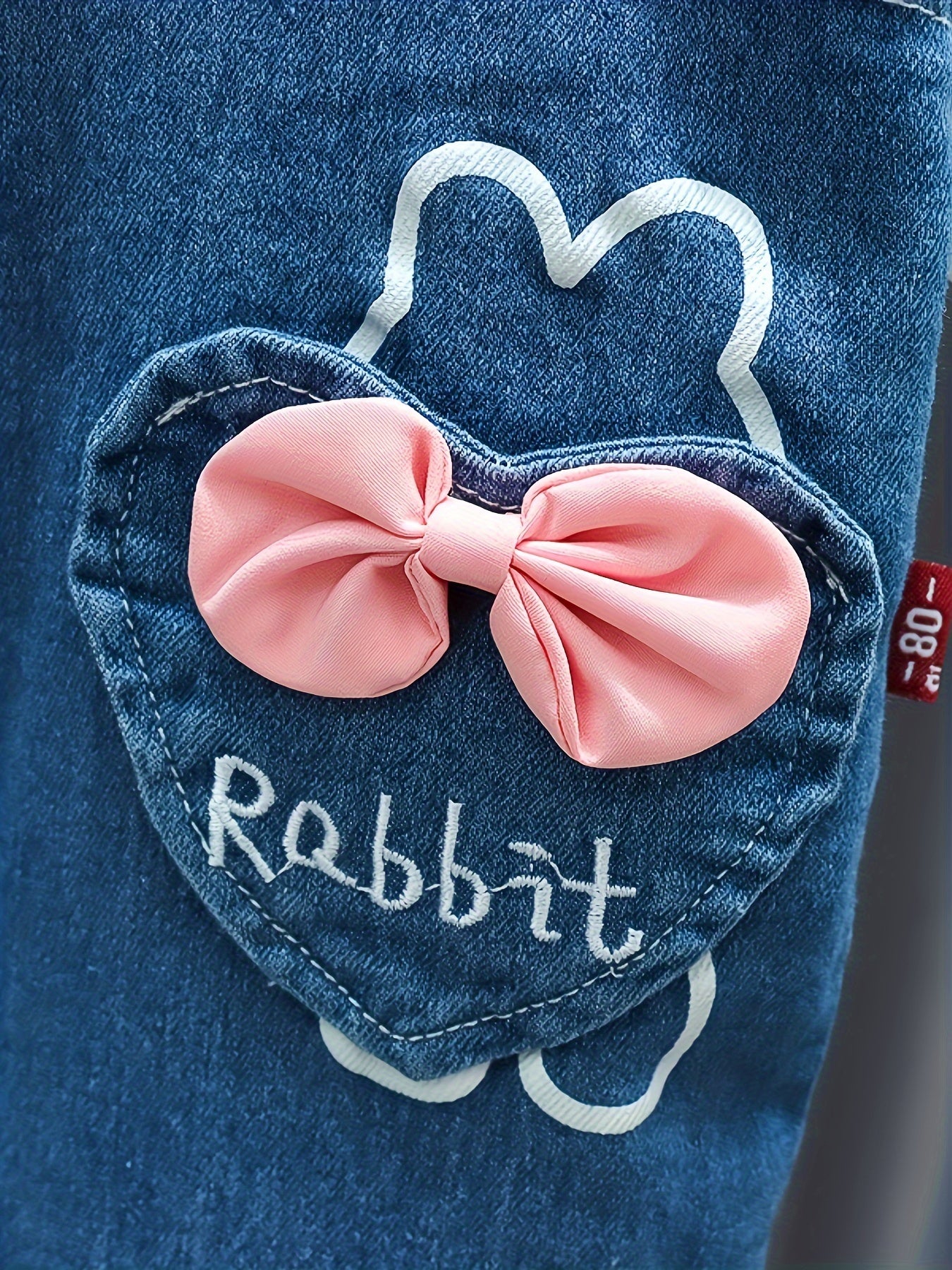 Baby Girl Denim Overalls with Rabbit Embroidery and Ruffled Blouse for Spring and Fall Outdoor Wear