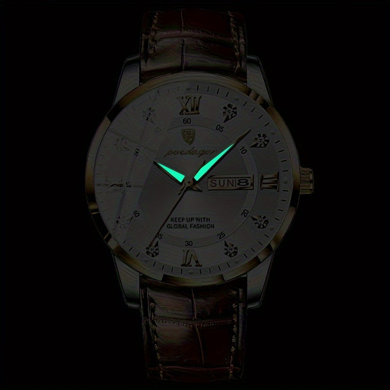 Men's Business Casual Quartz Wristwatch with Date Luminous Hands Alloy Case Faux Leather Strap