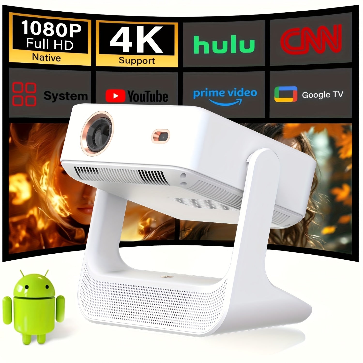 8-Inch Smart 4K Support Projector With HD 1080P, Android 12, WIFI6