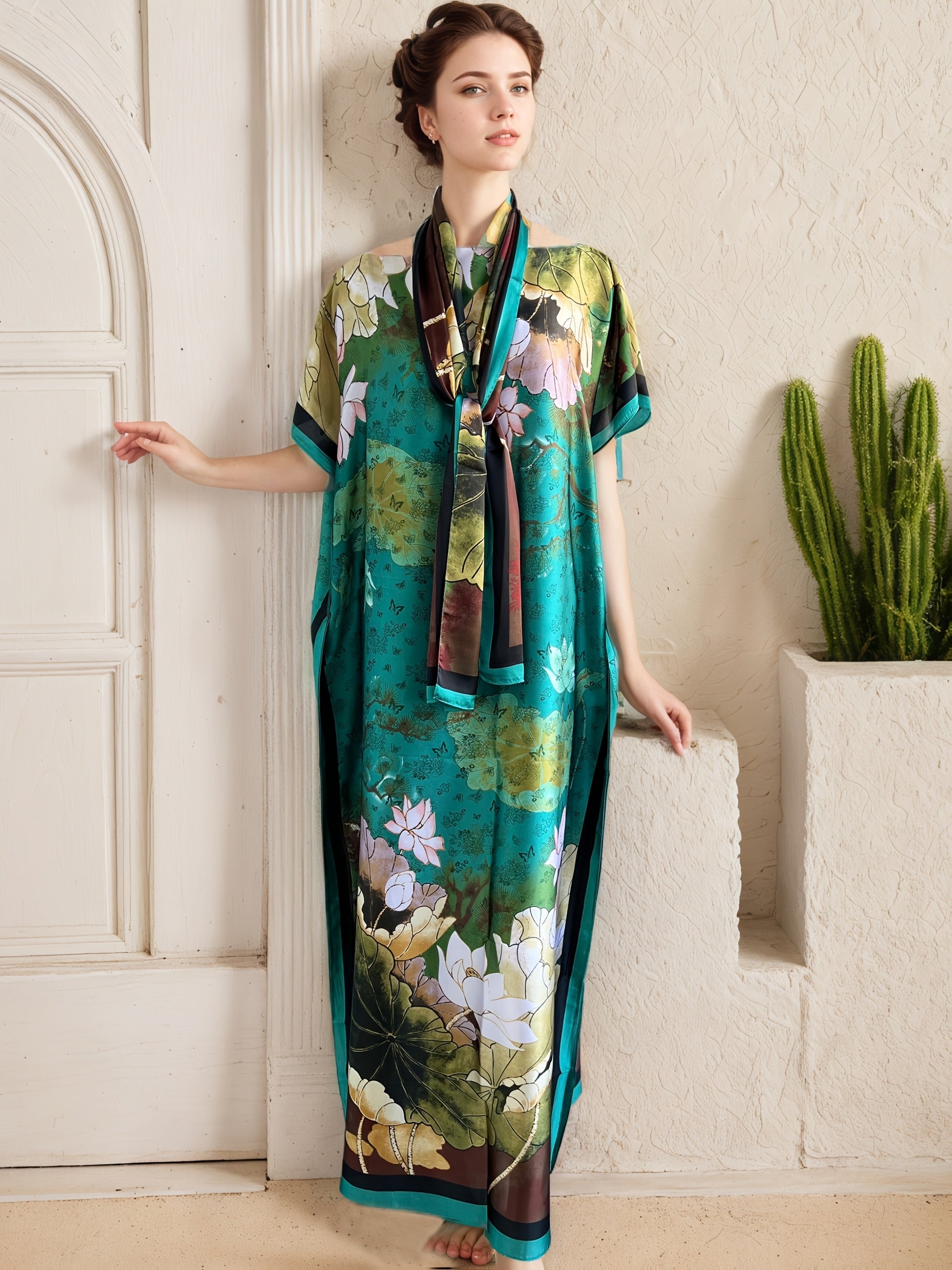 Plus Size Floral Print Maxi Dress With Scarf Loose Fit Short Sleeve All-Season