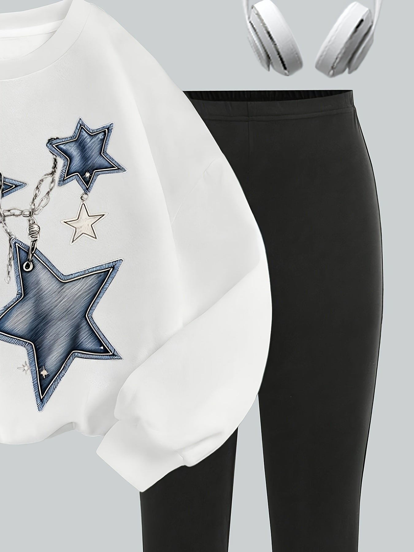 Qizlar uchun tasodifiy yulduz zanjirli printli sviter va kengaytirilgan shimlar to'plami, polyester to'qimadan tayyorlangan, multfilm naqshi bilan, kundalik kiyim, partiyalar va ta'til uchun mos. Ribbed bilan pulloverni o'z ichiga oladi.