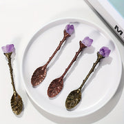 Set of Four Natural Amethyst Spoons with Tooth Flower Pattern for Desserts and Coffee