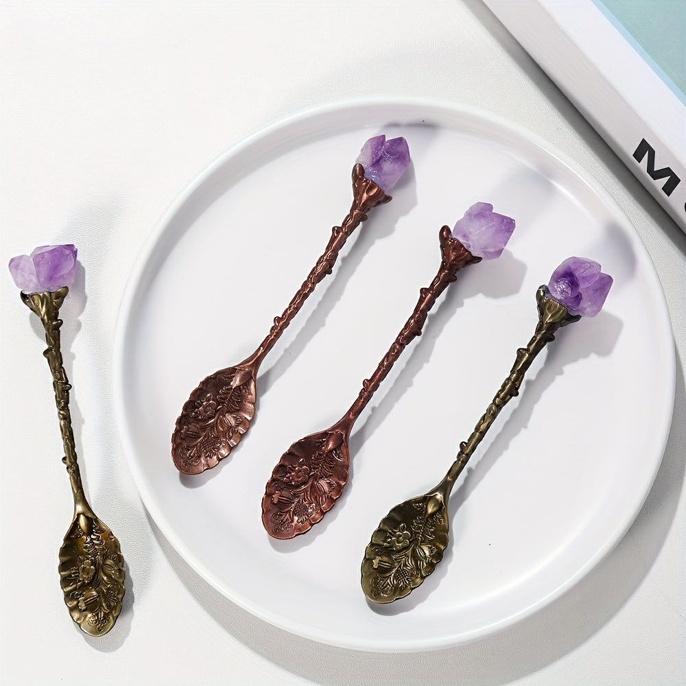 Set of Four Natural Amethyst Spoons with Tooth Flower Pattern for Desserts and Coffee