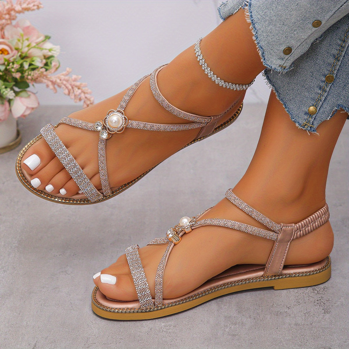 Women’s Rhinestone Summer Flat Sandals Bohemian Style Beach Footwear