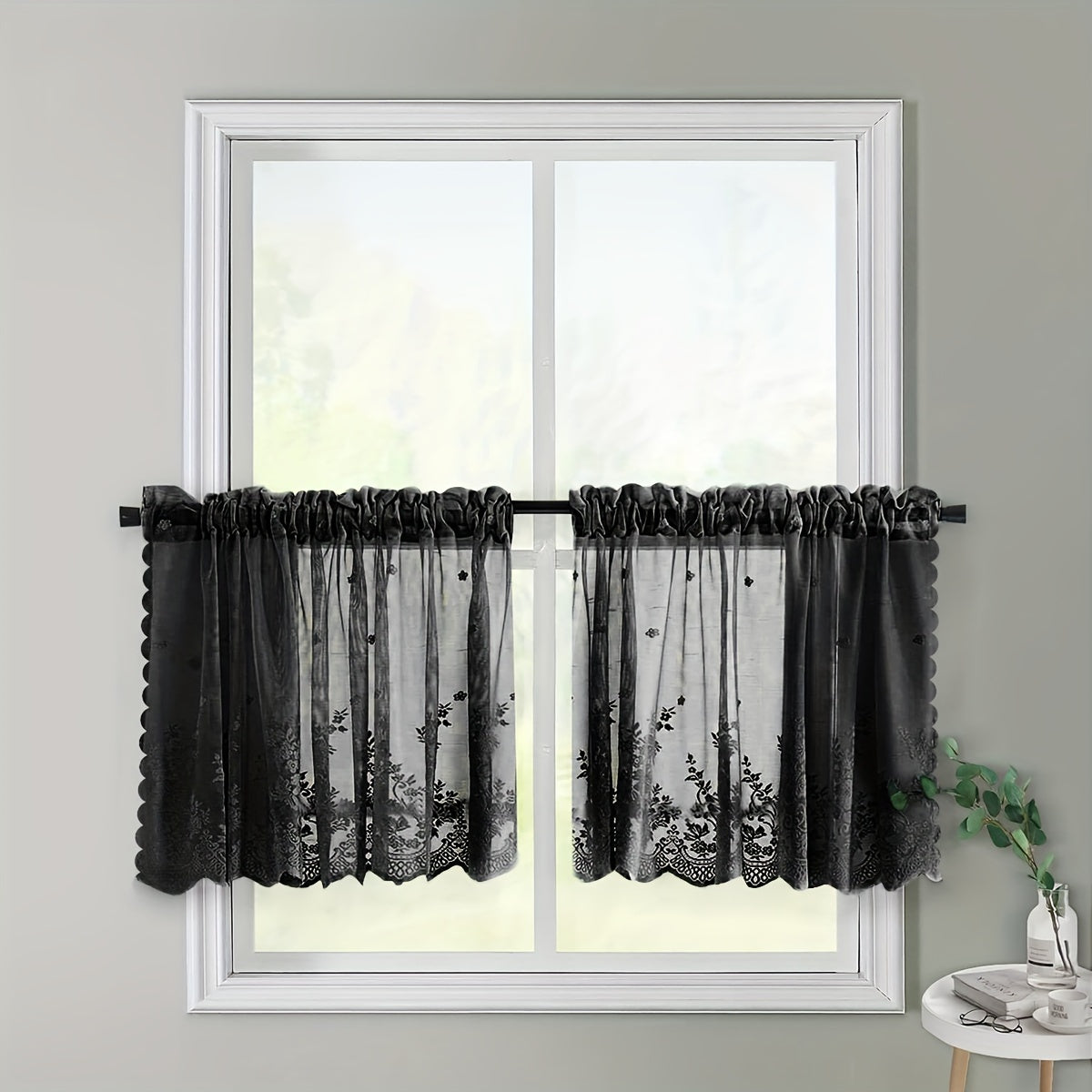 Black Floral Lace Cafe Curtain Sheer Polyester Rod Pocket Kitchen Decor