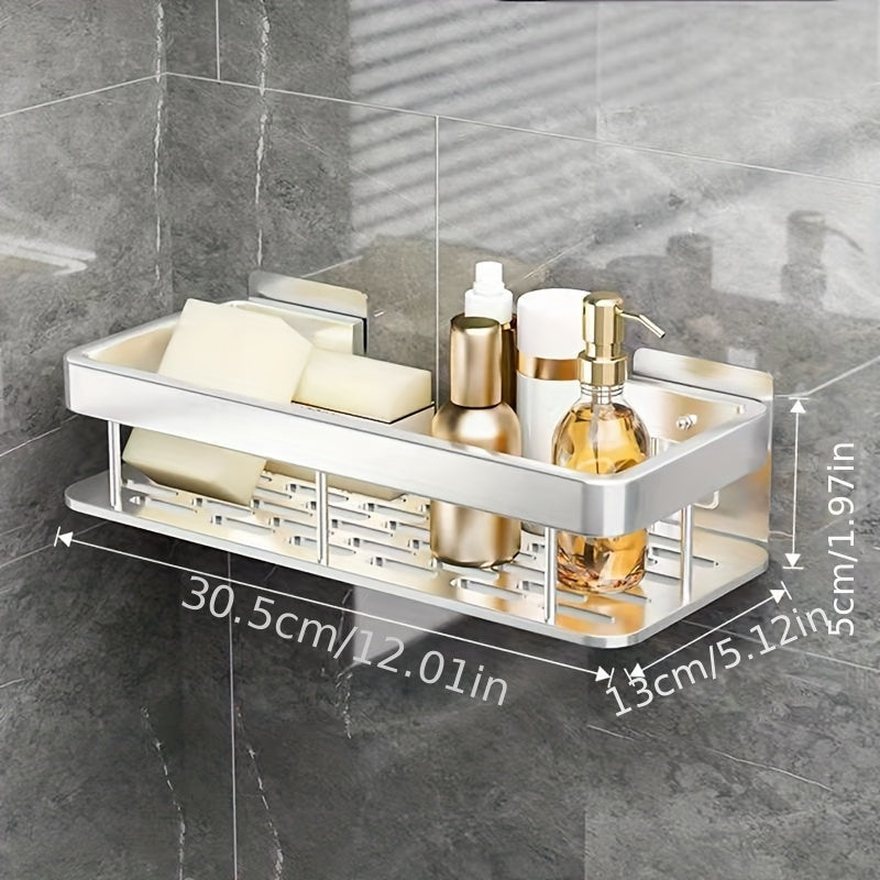 Wall-Mounted Bathroom Shelf Rack with Adhesive Shower Basket for Toiletries and Kitchen Storage