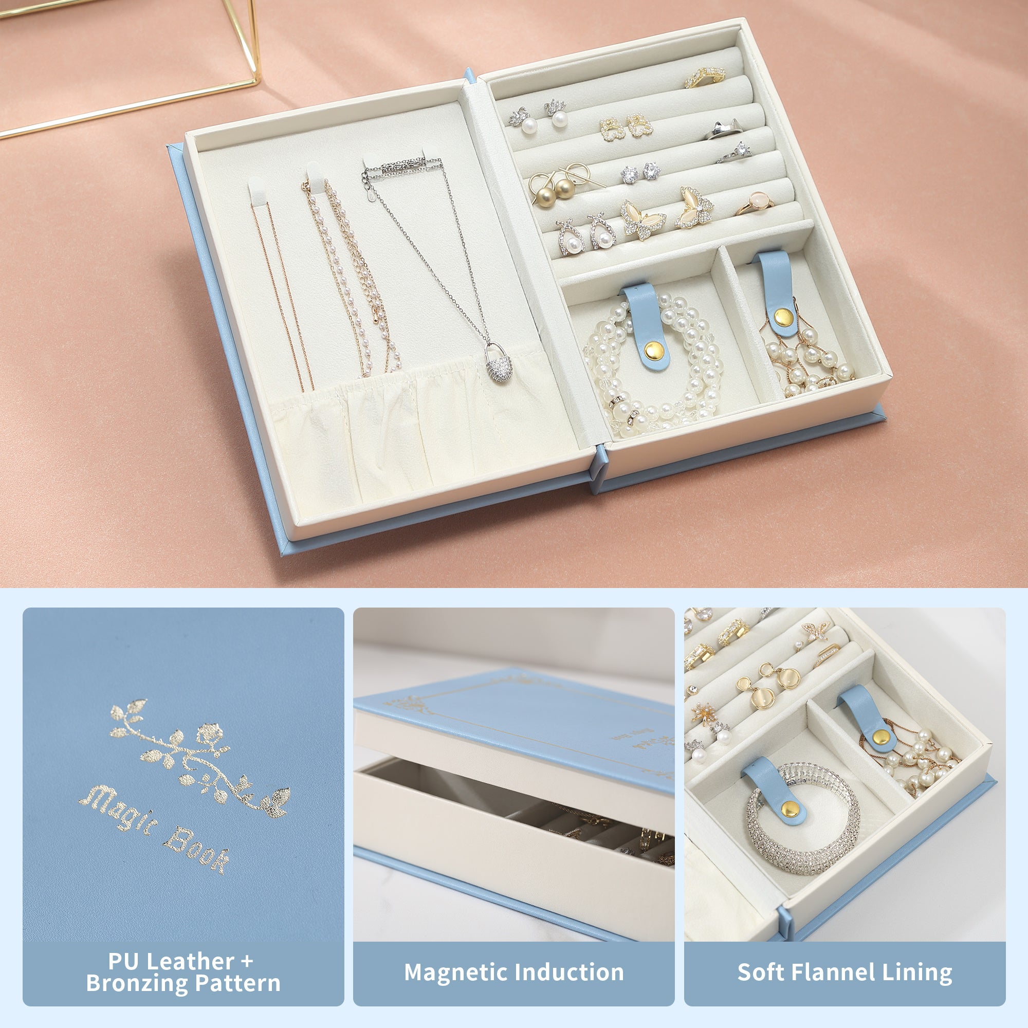 Caja organizadora de joyas magnética para pulseras, collares, anillos y diario en forma de diario