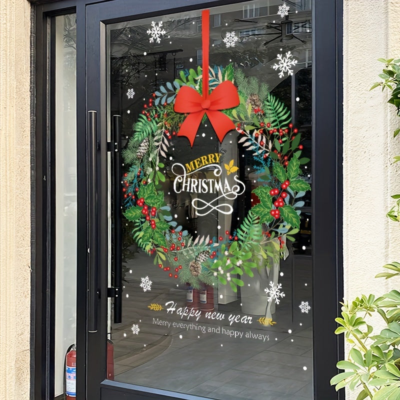Set of 2 Christmas Wreath Window Clings Holiday Decor for Glass Doors