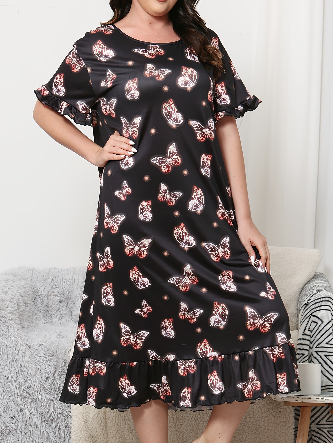 Plus Size Women's Butterfly Print Sleep Dress Loose Fit Nightgown Nightwear