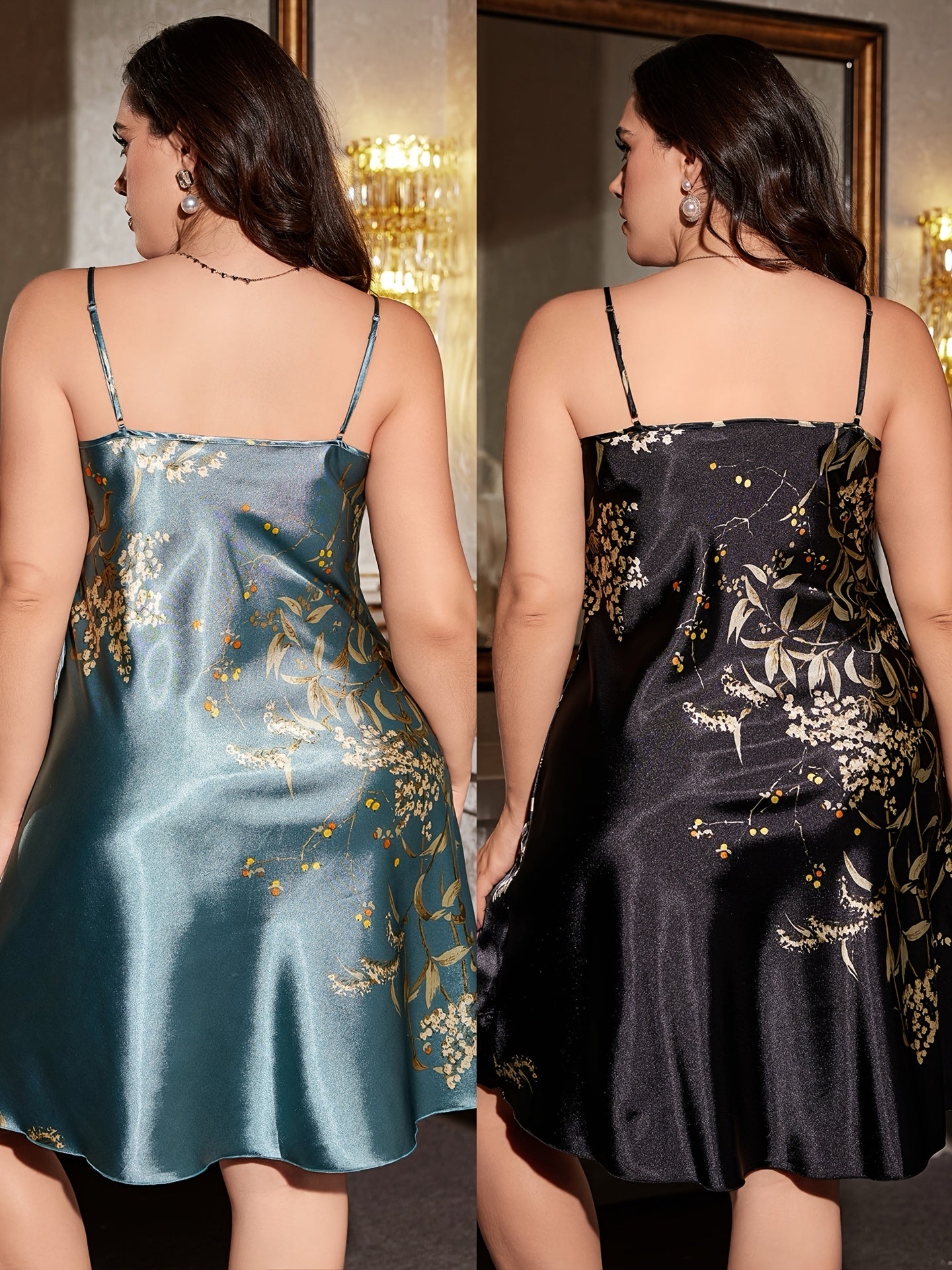 Plus Size Women's Cowl Neck Cherry Print Satin Camisole Sleepwear 2-Pack