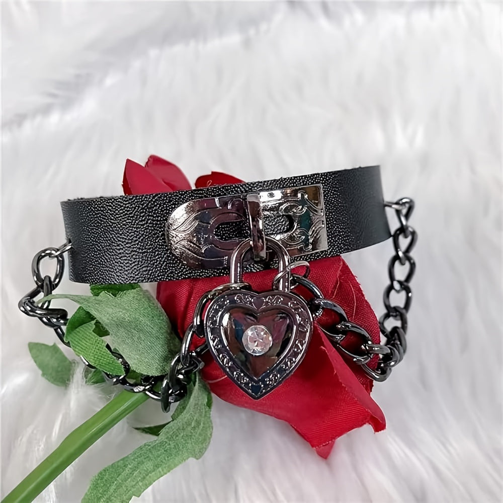 PU Leather Chain Bracelet with Heart Punk Goth Wristband for Men Women