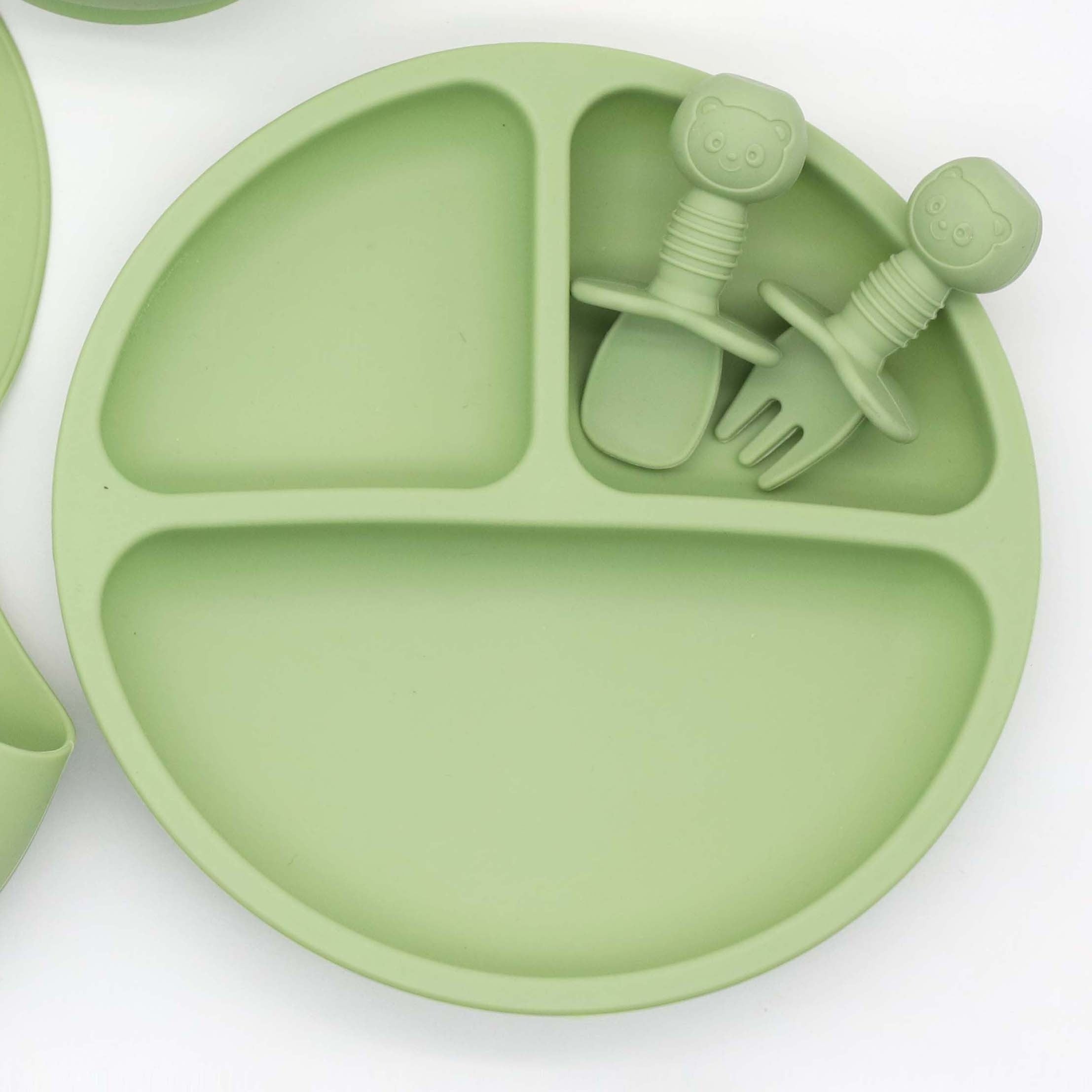 7-Piece Silicone Baby Utensils Set with Bowl Plate and Wooden Handle Spoons Forks Green