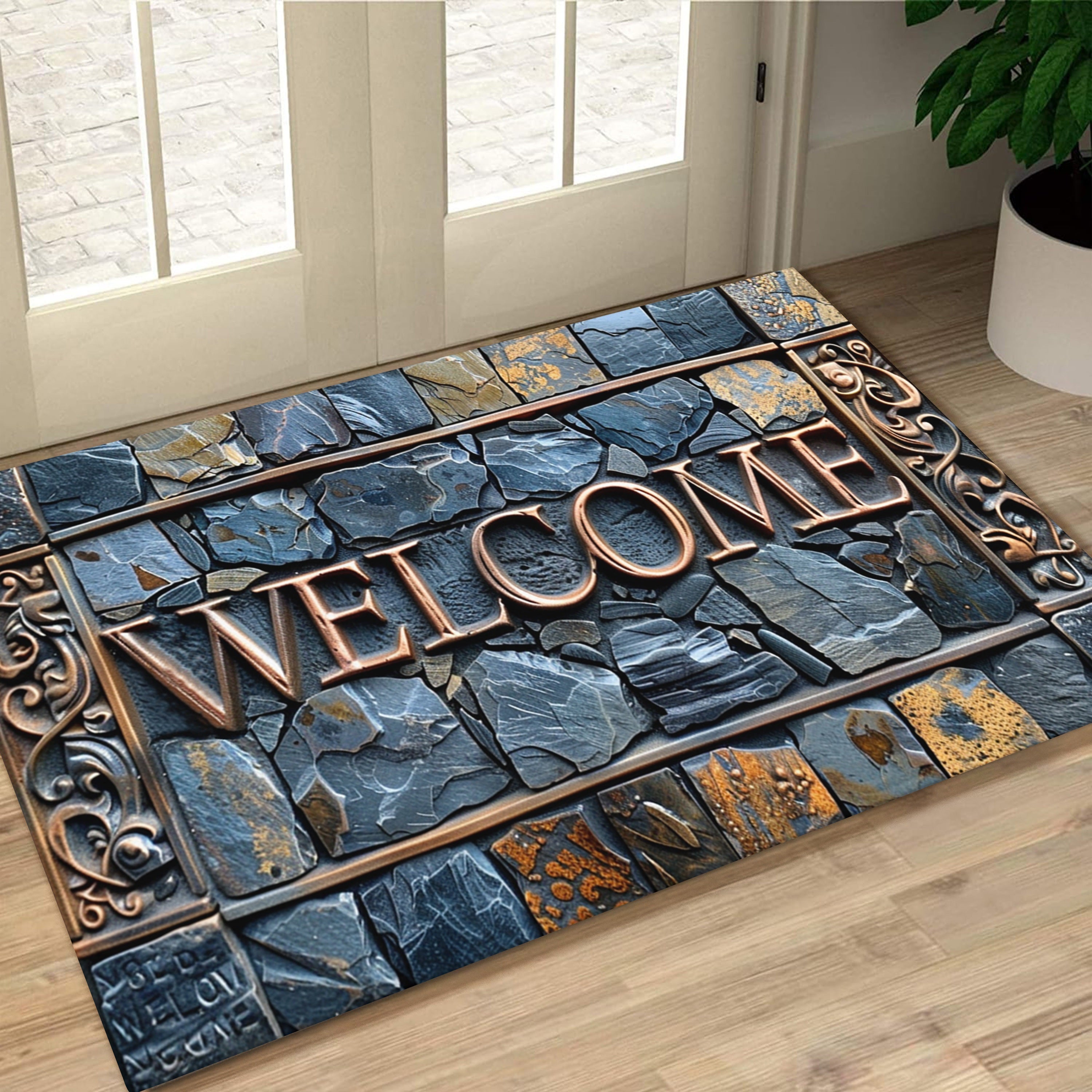 3D Stone Pattern Cobblestone Welcome Mat Waterproof Non-Slip Polyester Entryway Rug