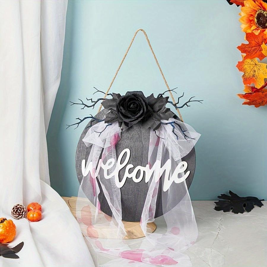 Wooden Halloween Door Sign Yellow Black Wreath Welcome Decoration