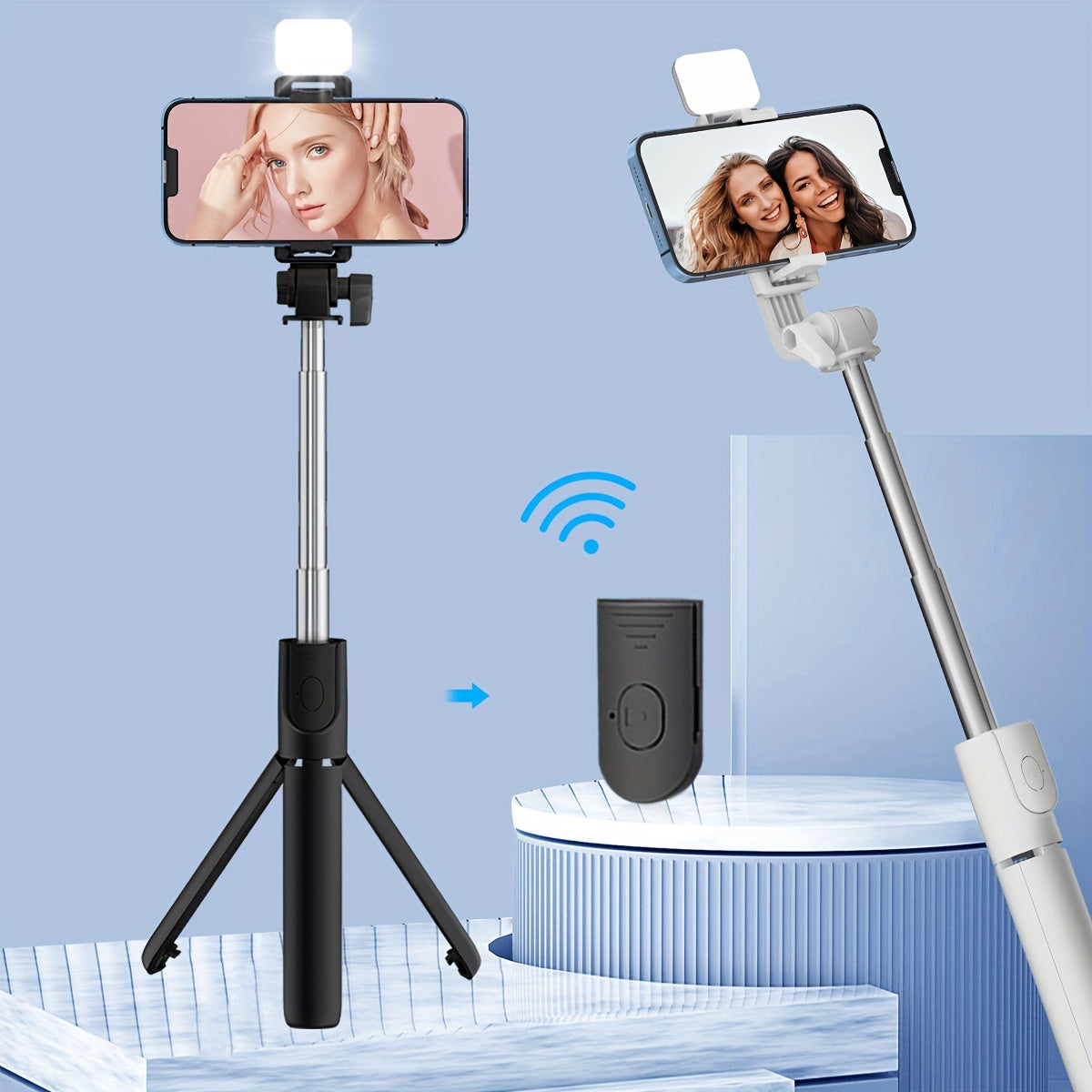 Новый селфи-палка-трипод с функцией анти-тряски, заполняющим светом, 360-градусным вращением, ручным держателем для мобильной трансляции и универсальными возможностями съемки.