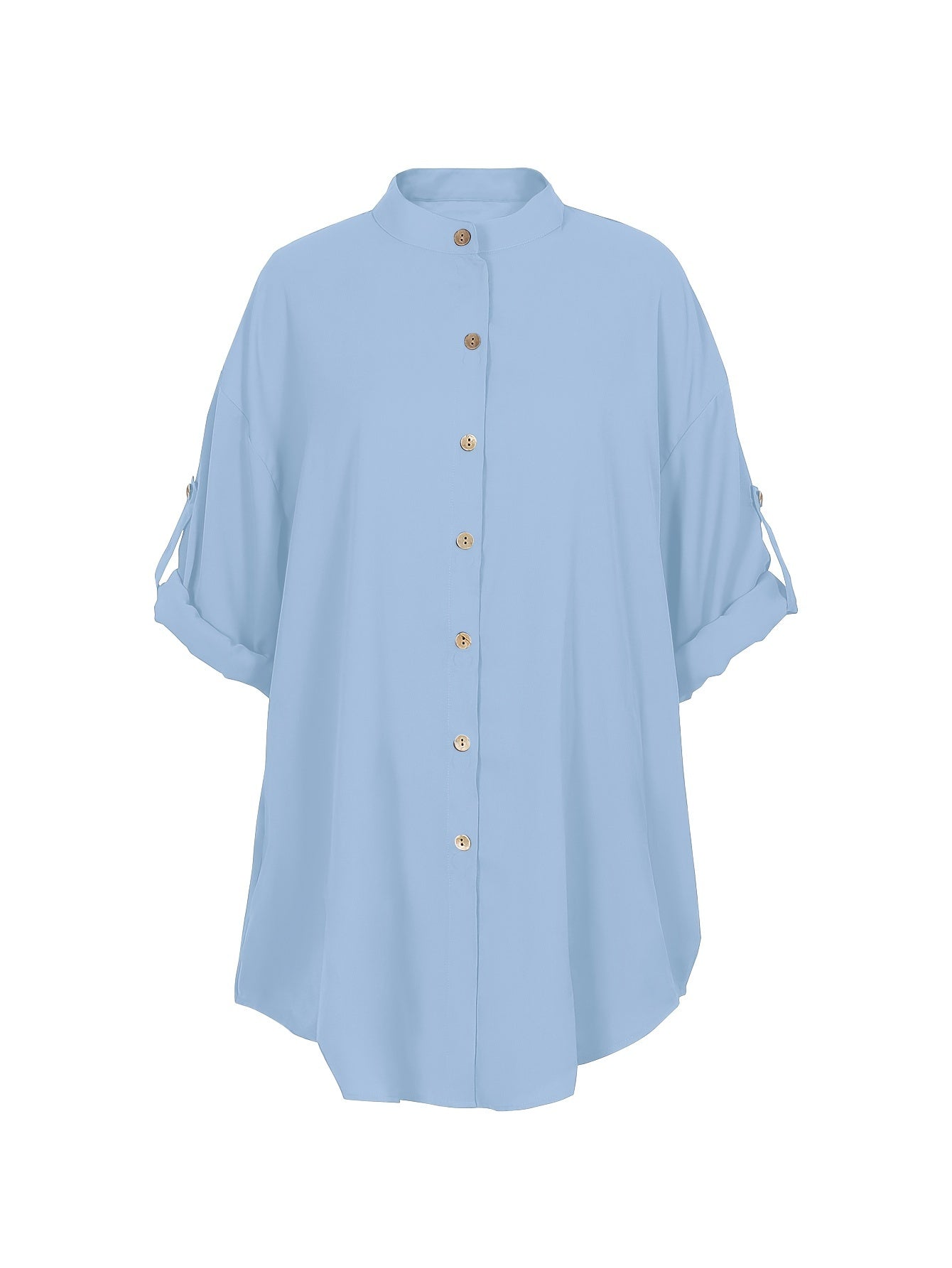 Women's Plus Size Light Blue Casual Short Sleeve Button-Up Shirt with Front Pocket