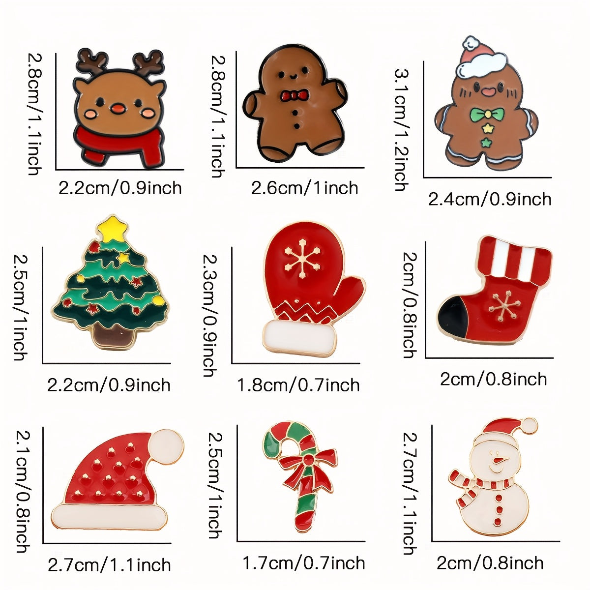 Set of 9 Enamel Alloy Christmas Brooches Reindeer Snowman Candy Cane Tree Jewelry