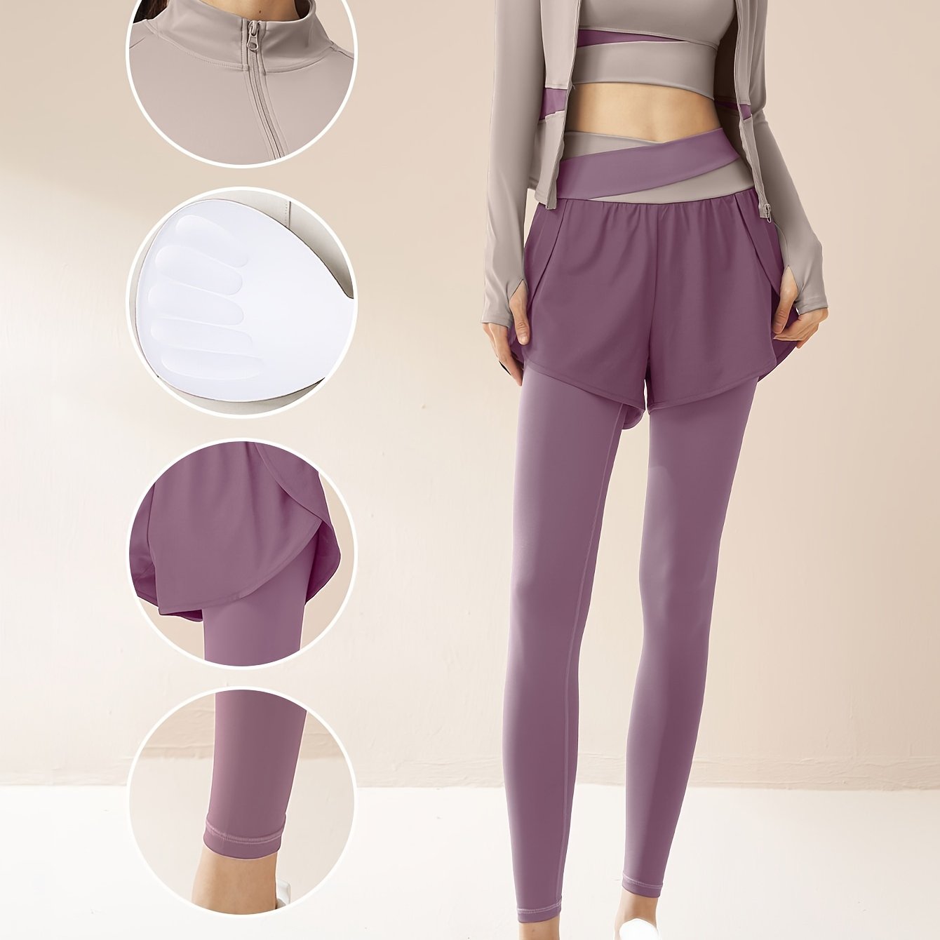 Ayollar uchun rangli blokli yoga kostyumi, uzun legginslar va tor kesimli sport bluzkasi bilan sport to'plami. O'rtacha cho'zilishga ega polyester va elastan aralashmasidan tayyorlangan. Yugurish va fitnes uchun mos.