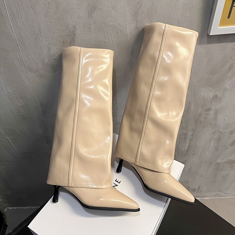 Women's Mid-Calf Stiletto Boots in Black Cream and Brown with PU Cover and Rubber Sole