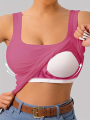 Women’s Rib-Knit Sports Bra and Tank Top 2-in-1 Solid Polyester Elastane Sleeveless Workout