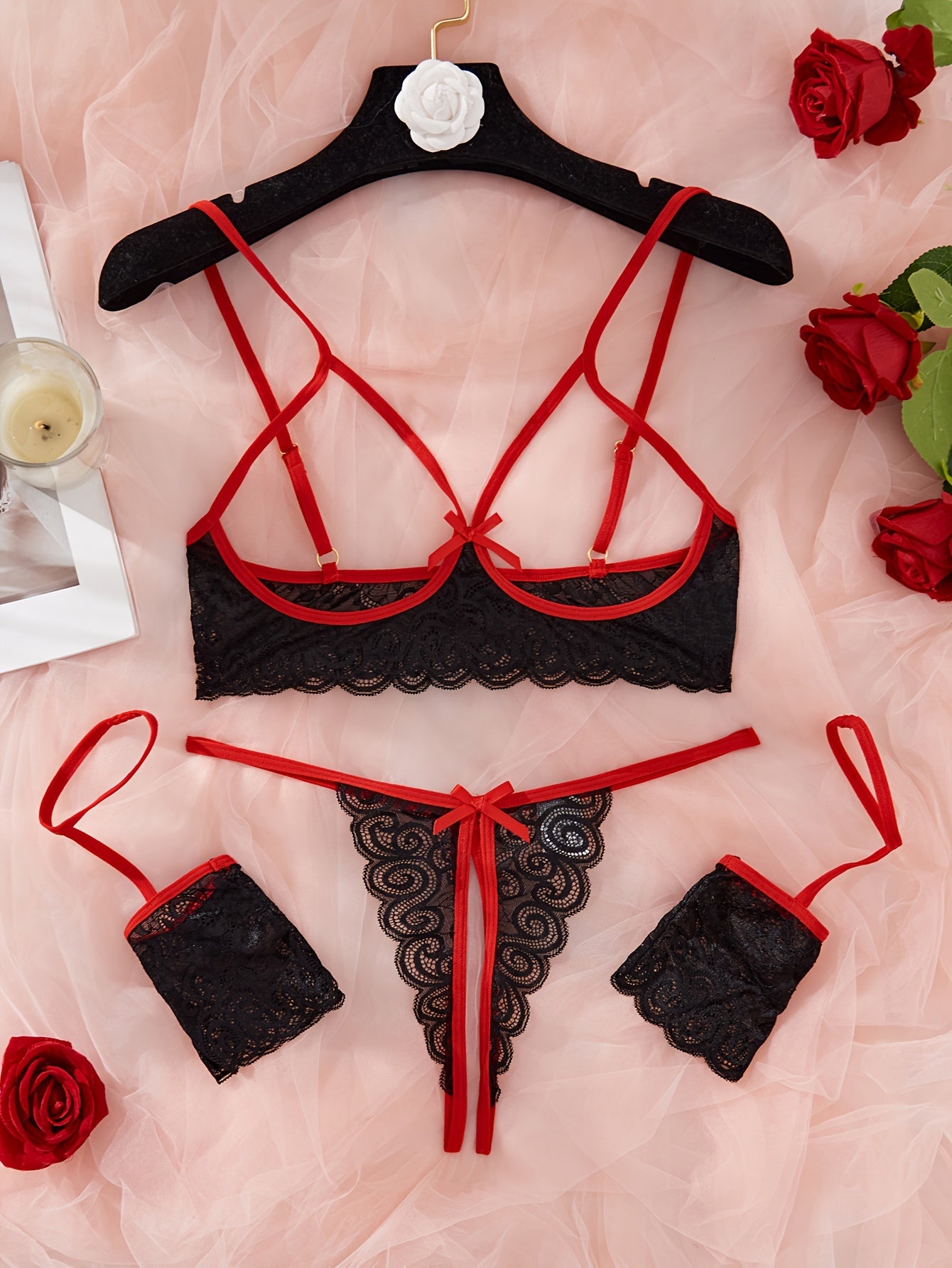 Lingerie Set with Spaghetti Straps and Lace Details Open Crotch Thong