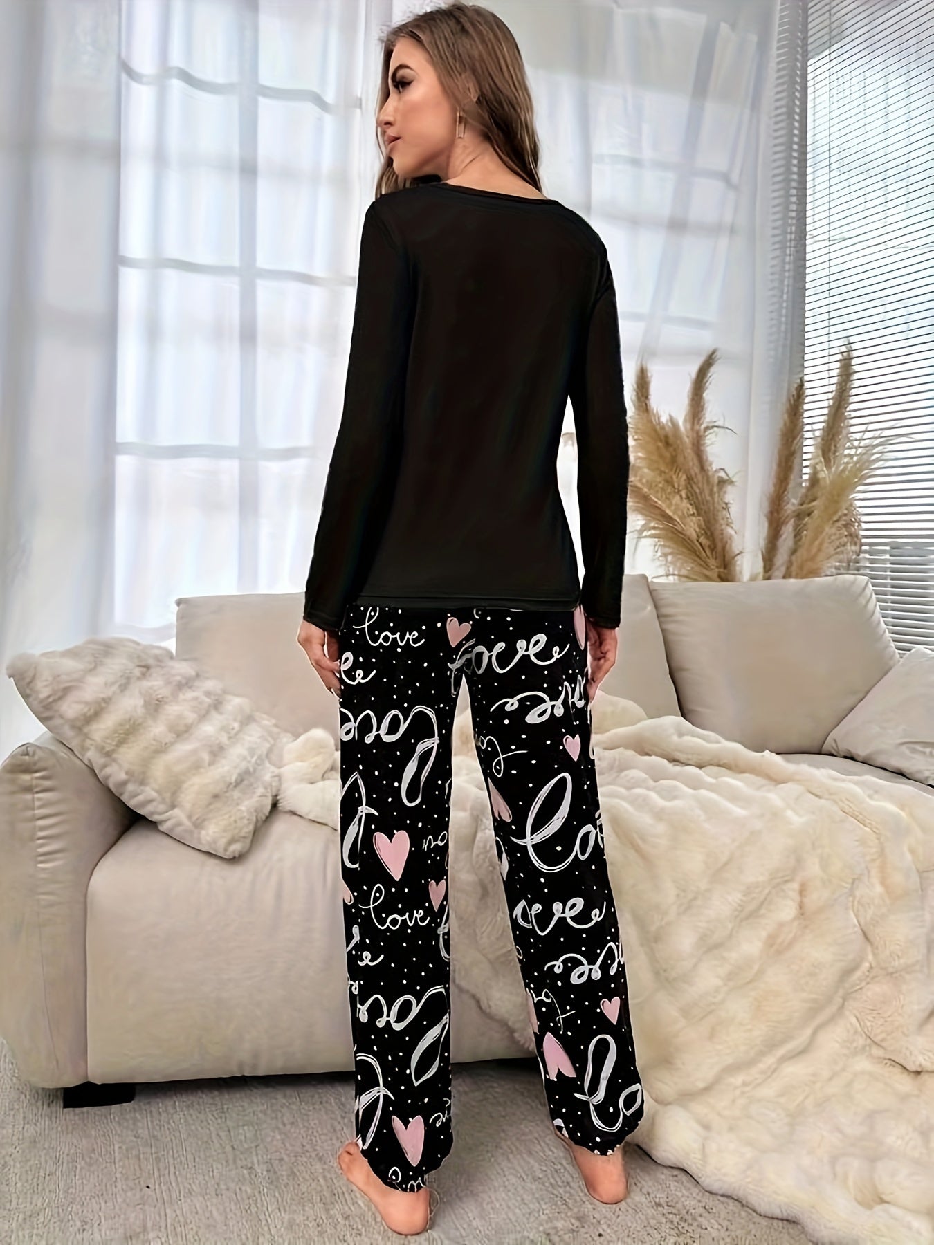Women's Alphabet Print Long Sleeve Pajama Set Polyester Elastane Casual Sleepwear for Spring Fall