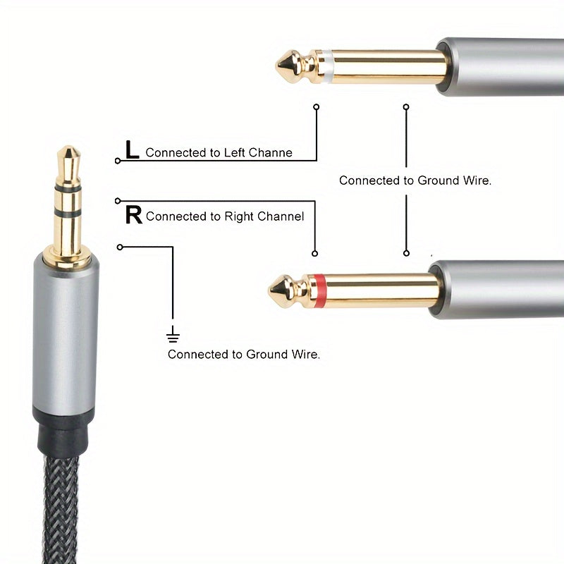 Cable de audio de 3.5mm a 6.35mm 2-en-1, malla de nylon, aleación de aluminio, sonido de alta fidelidad para PC, teléfono, tableta, micrófono, altavoz, guitarra