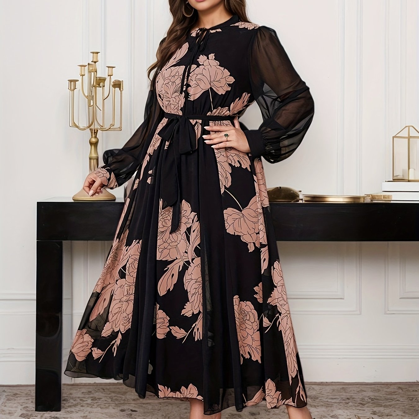 Plus Size Floral Chiffon Dress with Lantern Sleeves A-Line Midi for Spring Fall