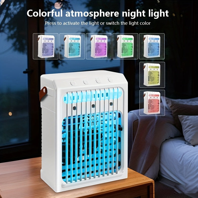 Ventilador de aire acondicionado portátil con pulverizador humidificador, 3 velocidades, 7 luces de colores, filtro desmontable