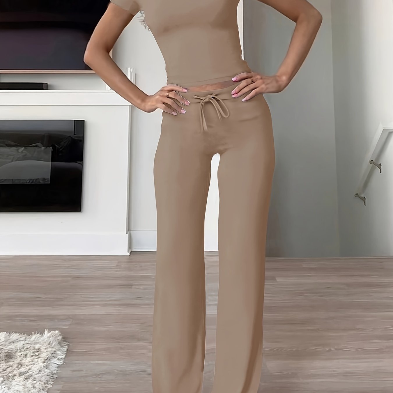 Women's Ribbed Modal Spandex Loungewear Set with Drawstring Crew Neck Solid